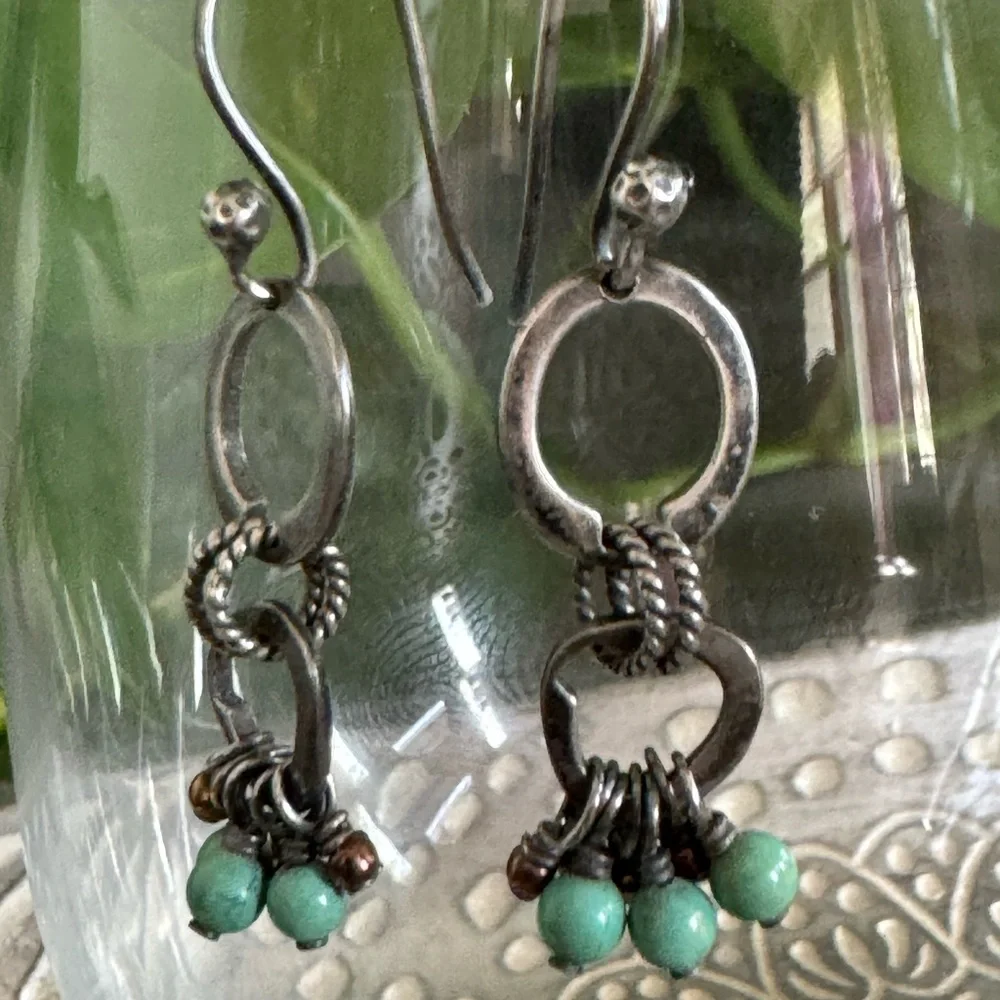 Silpada Earrings W1536 Sterling Double Circle Howlite & Bronze Seed Chandelier - Picture 3 of 5